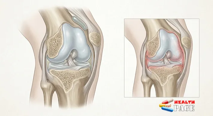 Cross-section illustration of a knee joint showing bones, cartilage, ligaments and a bursa, with a small inset highlighting an irritated joint lining