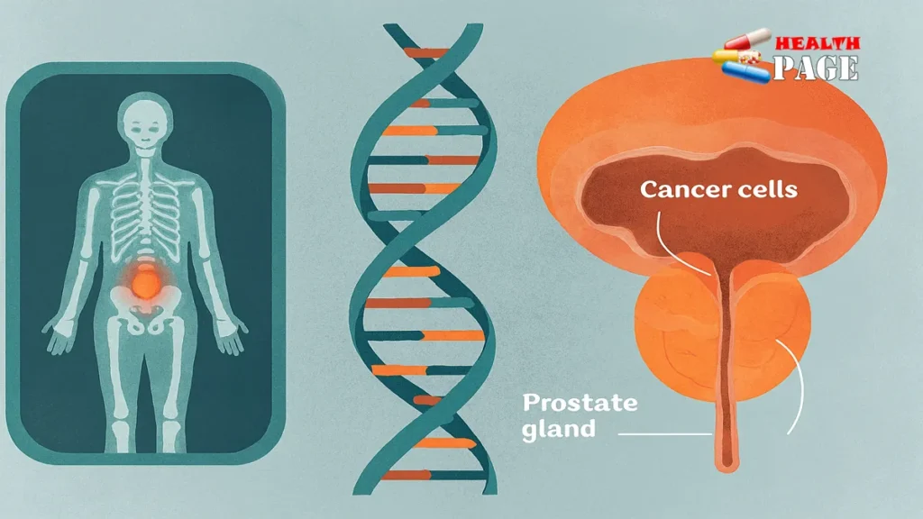 A professional 3D medical illustration showing targeted therapy blockades interacting with cancer cell DNA strands to represent how PARP inhibitors treat mutated prostate cancer cells.