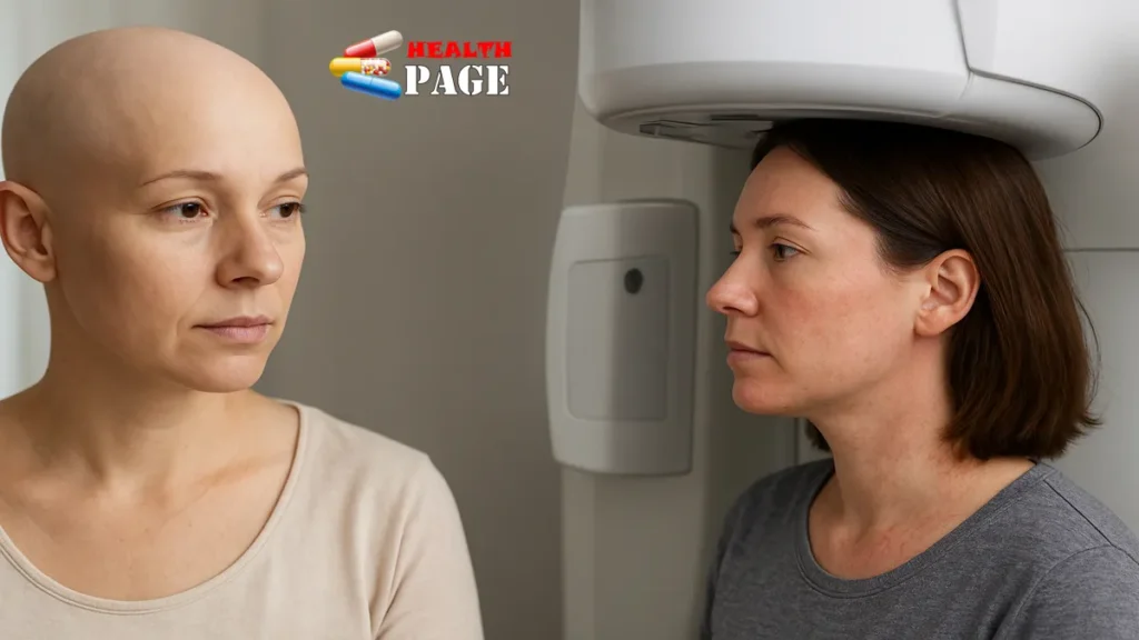 A high-quality clinical layout displaying an intravenous infusion setup next to an abstract localized radiation targeting graphic to compare chemotherapy vs radiotherapy.