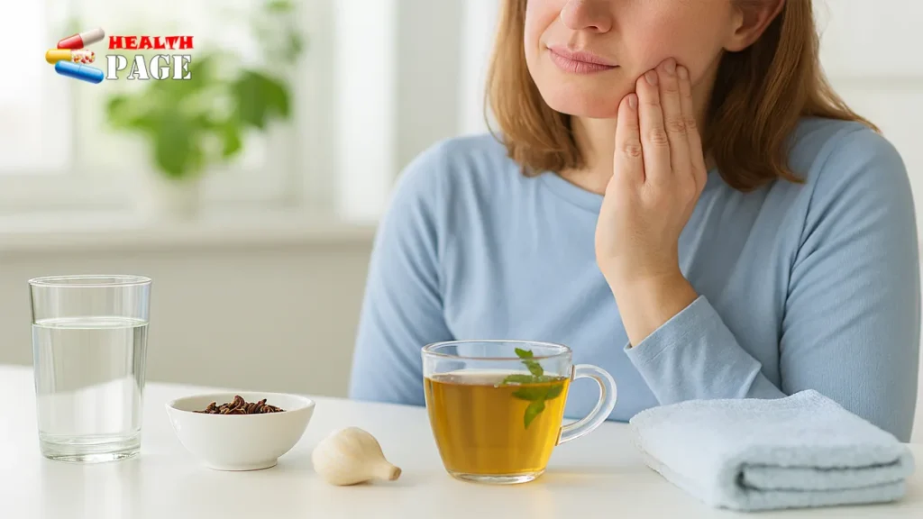 A close-up of natural home remedies for toothache relief, featuring organic clove oil in a glass dropper bottle, fresh mint leaves, and a glass of warm saline water.