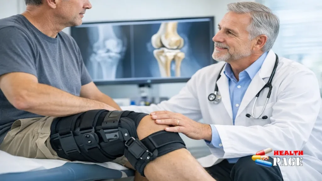 An orthopaedic specialist reviewing a knee X-ray showing a healing tibial plateau fracture next to a patient in a physical rehabilitation clinic.
