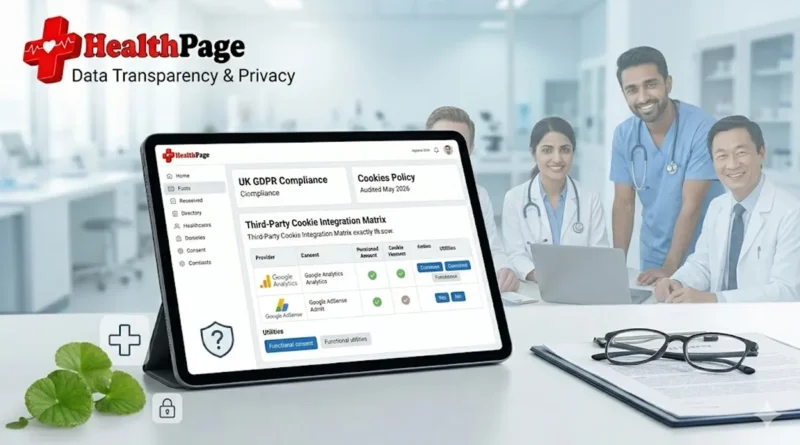 The official HealthPage Cookies Policy visualization, demonstrating transparent data tracking, UK GDPR compliance, and professional medical board oversight of programmatic data governance.