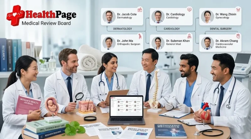 HealthPage About Us featured banner image with corporate editorial team graphic icons and the official HealthPage publication logo.