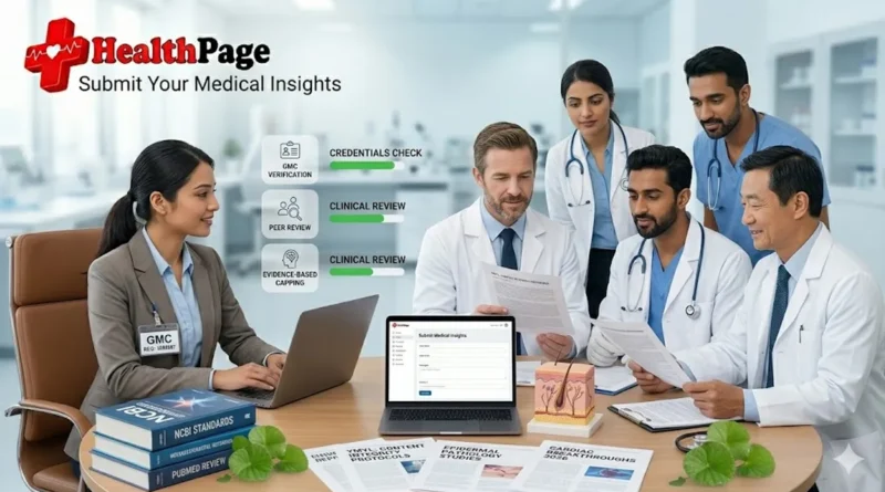 A licensed medical researcher presents a peer-reviewed clinical portfolio to the HealthPage editorial board, illustrating the rigorous evidence-based verification and credential check mandatory for all professional contributors.