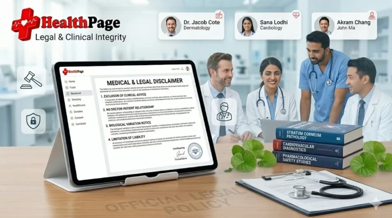 The official HealthPage sitewide medical and legal disclaimer visualization, demonstrating professional data governance, strict content integrity boundaries, and explicit exclusion of professional clinical advice under medical board oversight.