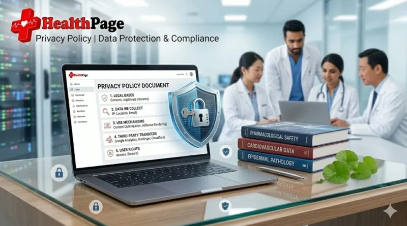 The official HealthPage sitewide Privacy Policy visualization, demonstrating transparent data protection, rigorous legal compliance under UK GDPR, and advanced data-governance protocols supervised by the medical review board.