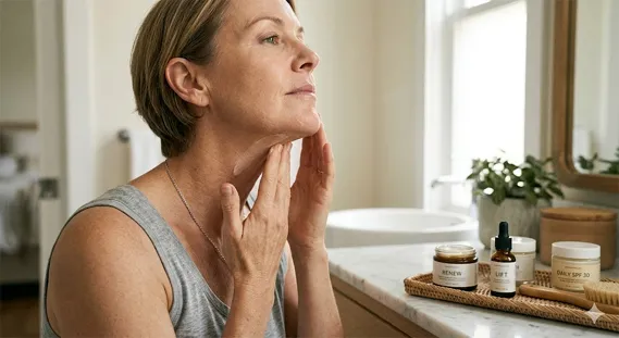 Woman applying neck firming cream to the neck and jawline in a bright bathroom