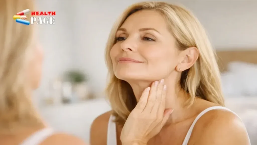 A woman examining her neck skin laxity and jawline in a mirror, evaluating non-surgical ways to treat a sagging turkey neck.