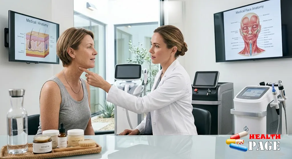 Clinician discussing non-surgical turkey neck treatments with a patient in a cosmetic clinic