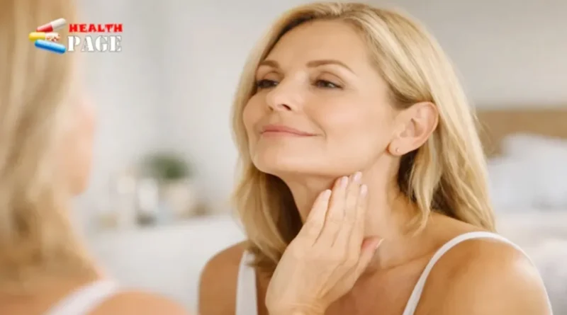 A woman examining her neck skin laxity and jawline in a mirror, evaluating non-surgical ways to treat a sagging turkey neck.