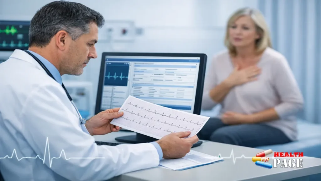 A cardiologist in a clinic reviewing an ECG rhythm strip and EHR chart notes while an adult patient describes heart palpitations symptoms.