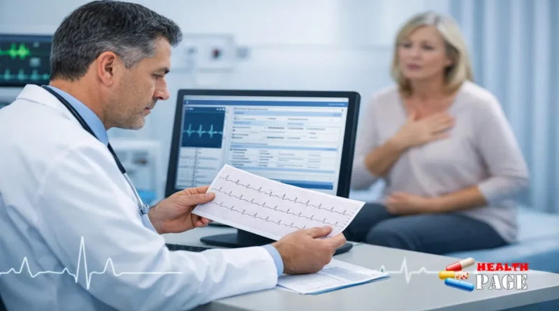 A cardiologist in a clinic reviewing an ECG rhythm strip and EHR chart notes while an adult patient describes heart palpitations symptoms.