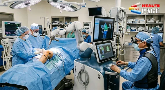 Surgeon operating robotic knee surgery system in a modern operating room with tracking equipment and knee implant model