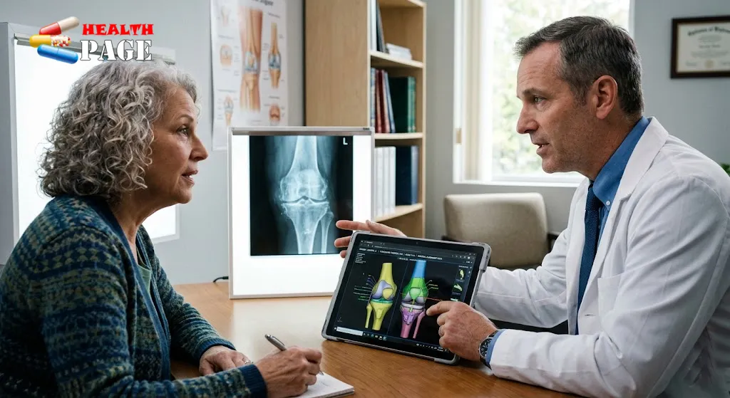 Orthopedic surgeon explaining robotic knee replacement planning and patient selection criteria using X-ray and digital software