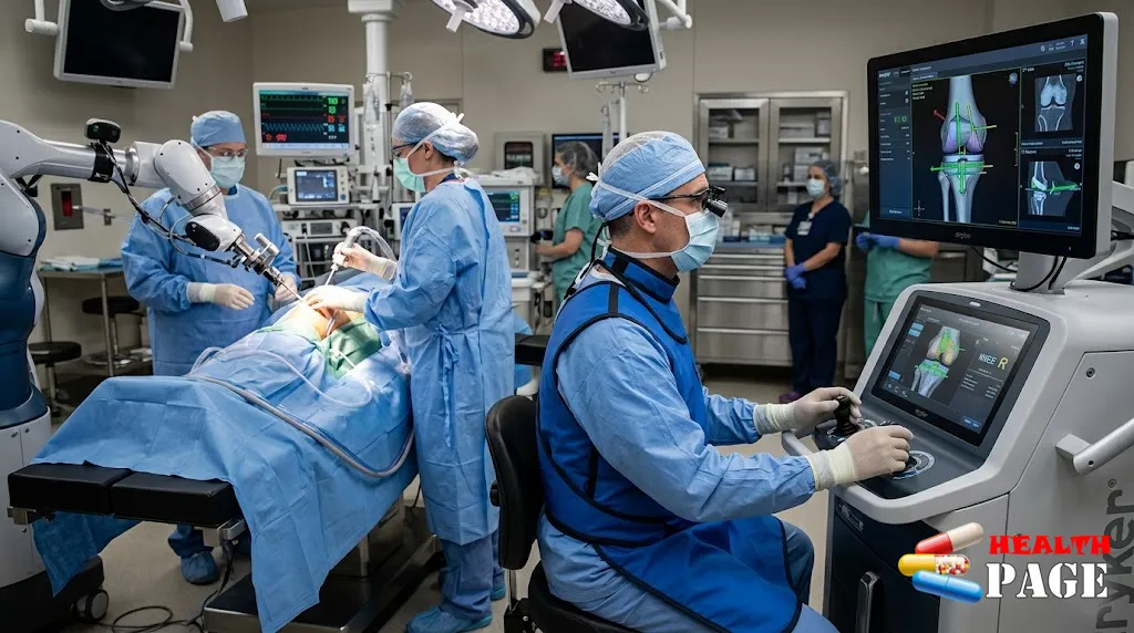 An orthopedic surgeon using a robotic-assisted knee surgery system in an operating room to analyze potential risks and avoid robotic knee replacement surgery complications.