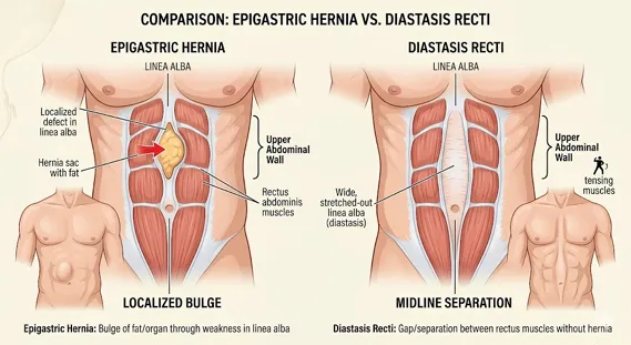 Comparison diagram of epigastric hernia and diastasis recti in the upper abdomen