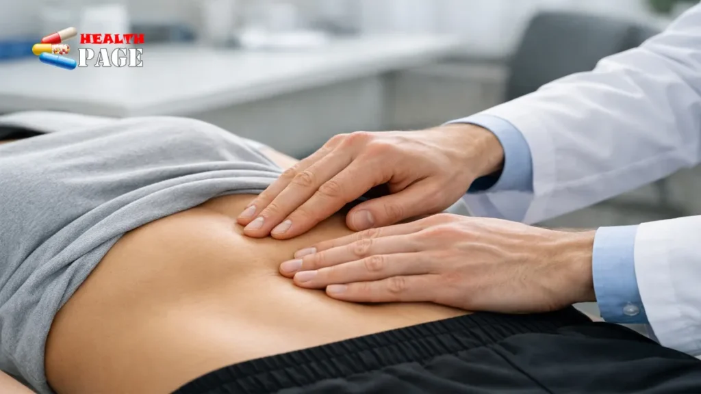 A doctor in a white lab coat performing a manual abdominal palpation exam on a patient to check for an epigastric hernia or midline diastasis recti muscle separation.