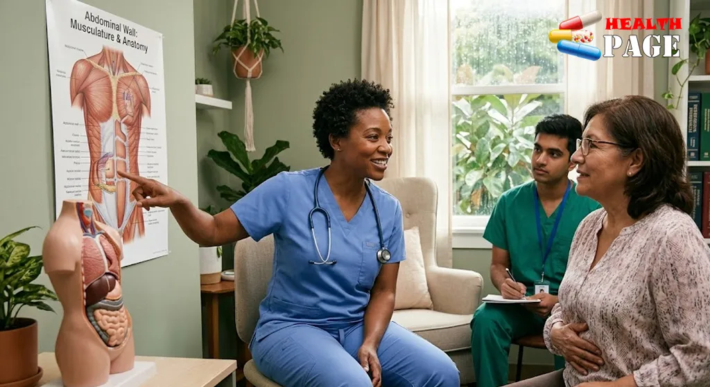 Clinician discussing abdominal wall conditions with patient in consultation room