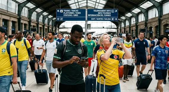 World Cup fans traveling through a crowded transit hub while checking health and safety information