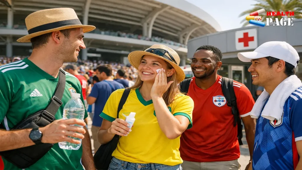 International football fans applying sunscreen and holding water for stadium heat illness prevention at a sunny World Cup match.