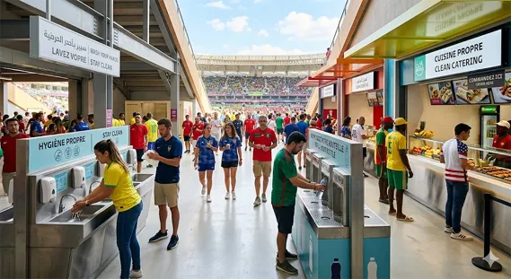 World Cup fans practicing hand hygiene and hydration at a crowded stadium concourse