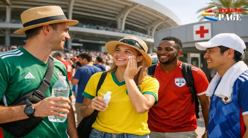 International football fans applying sunscreen and holding water for stadium heat illness prevention at a sunny World Cup match.