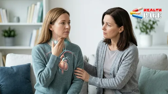 Woman feeling throat palpitations with medical illustration of heart and neck pulse pathways