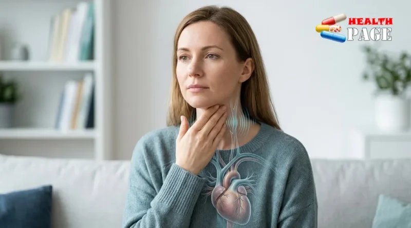 A woman holding her neck, featuring a professional graphic overlay of the heart and nerve pathways to illustrate an irregular heartbeat felt in throat structures.
