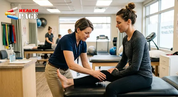 Patient performing a seated hamstring stretch for pes anserine bursitis in a physiotherapy clinic