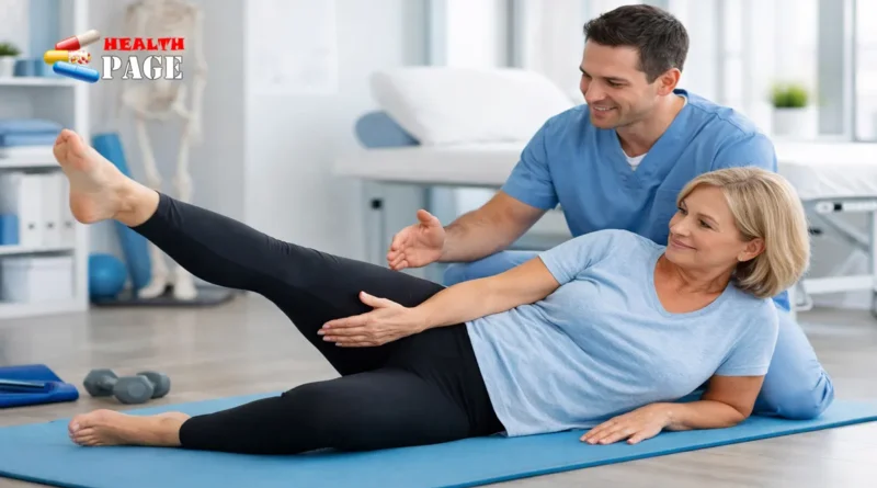 A physical therapist demonstrating targeted inner knee bursitis stretches and pes anserine strengthening exercises on a treatment mat.