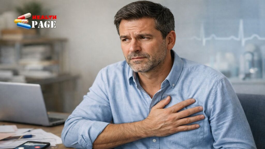 Individual experiencing chest discomfort while practicing deep breathing for stress relief.