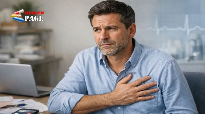 Individual experiencing chest discomfort while practicing deep breathing for stress relief.
