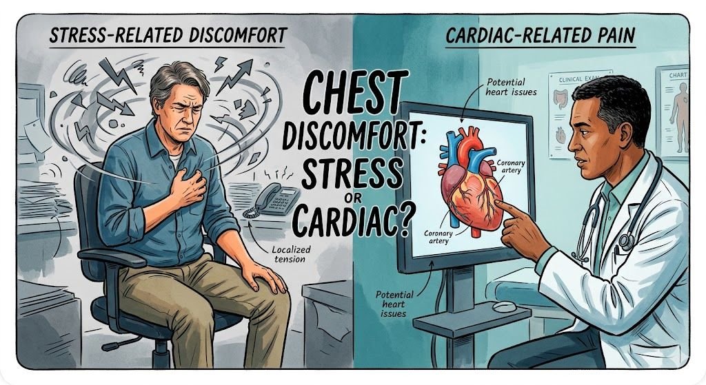 Doctor explaining the difference between stress-induced chest pain and heart-related chest pain