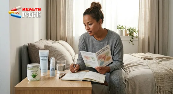 Medical editorial image showing gentle natural remedies for vaginal dryness on a bedside table