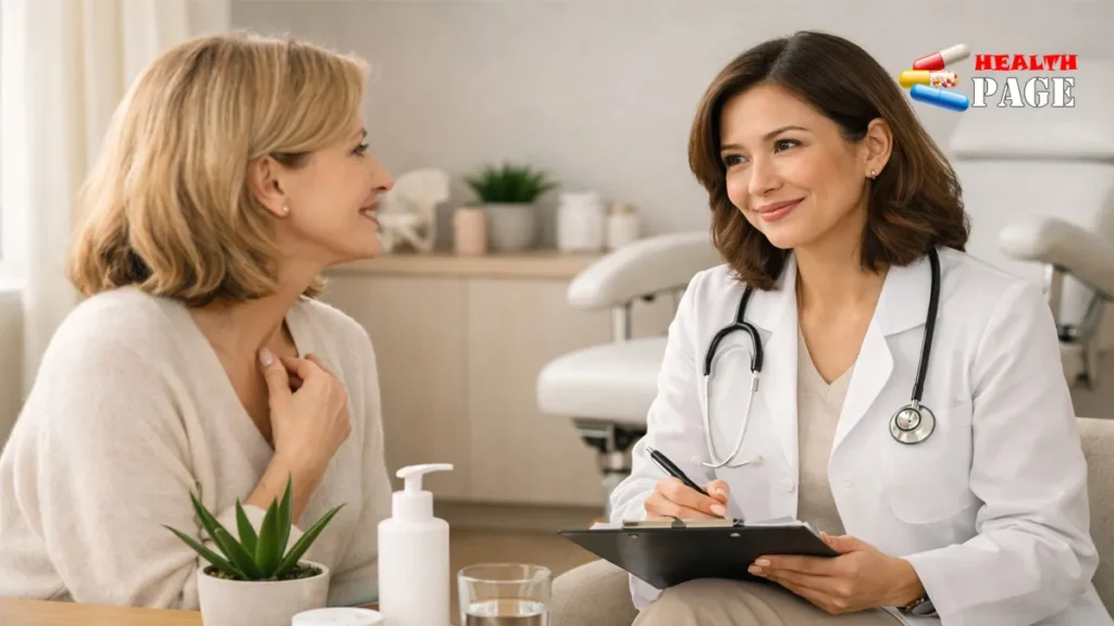 A female gynecologist smiling supportively while discussing symptoms and treatment options during a patient consultation for vaginal health.