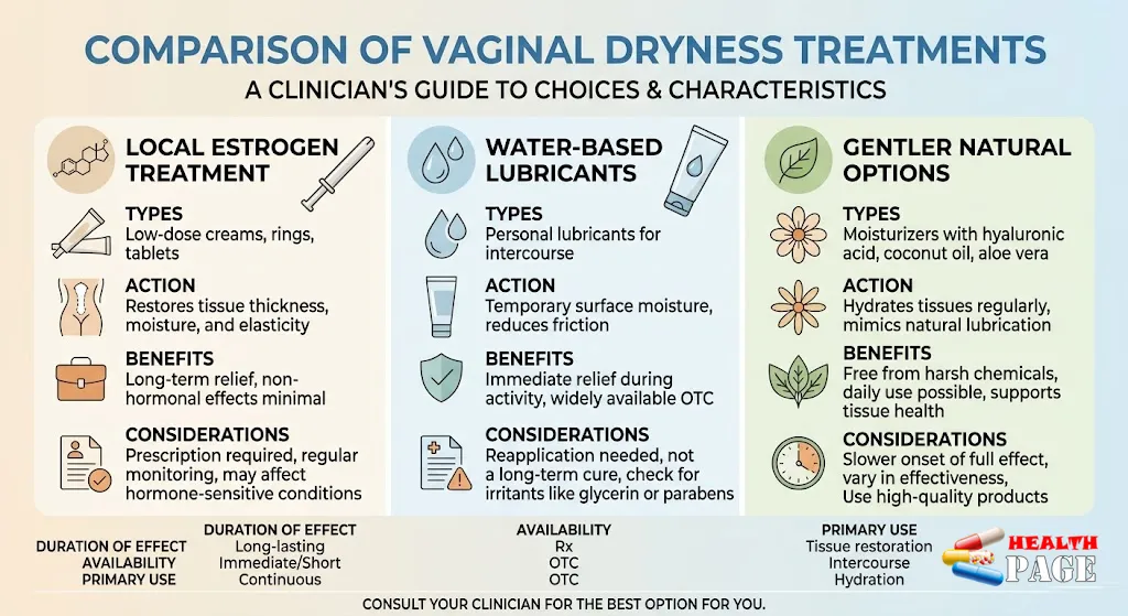 Infographic comparing natural remedies and clinical treatments for vaginal dryness