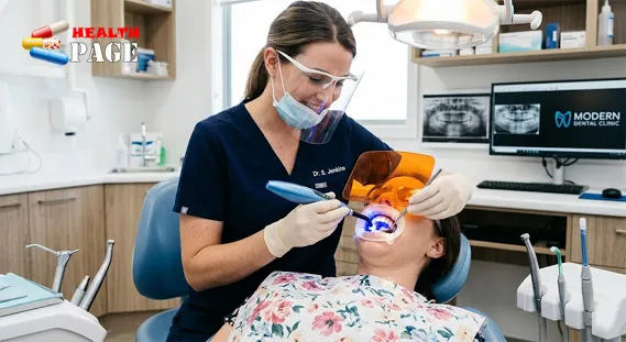 Dentist using blue LED dental curing light with orange eye shield during white filling procedure