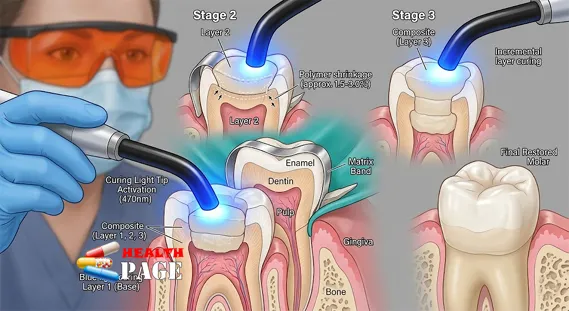 Illustration of layered composite resin polymerization with blue curing light and eye protection