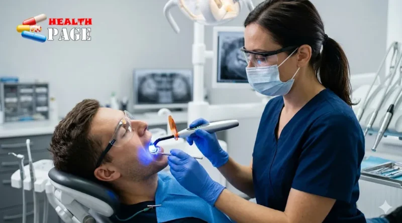 A dental clinician operating a handheld LED dental curing light to trigger composite resin polymerization inside a patient's mouth while utilizing an attached orange eye protection shield.