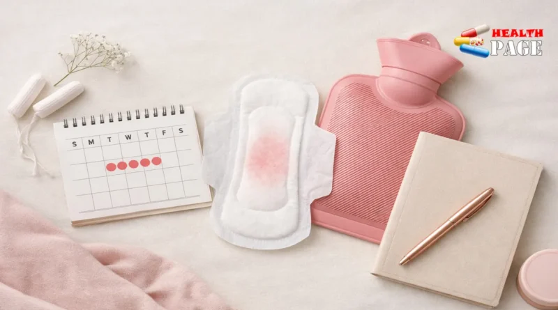 A flat-lay view of a menstrual calendar, a pink hot water bottle, a journal, and a sanitary pad showing a light pink, watery menstrual flow.