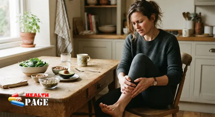 Woman experiencing fatigue and leg cramp with magnesium-rich foods on table