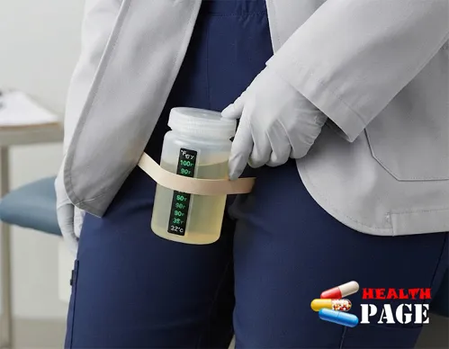 Sample bottle near inner thigh with temperature strip for urine temperature maintenance