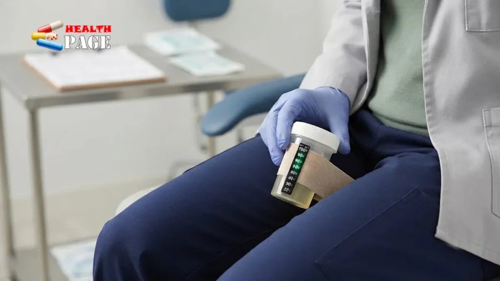 Sealed urine sample bottle with temperature strip placed discreetly under clothing to illustrate specimen temperature maintenance