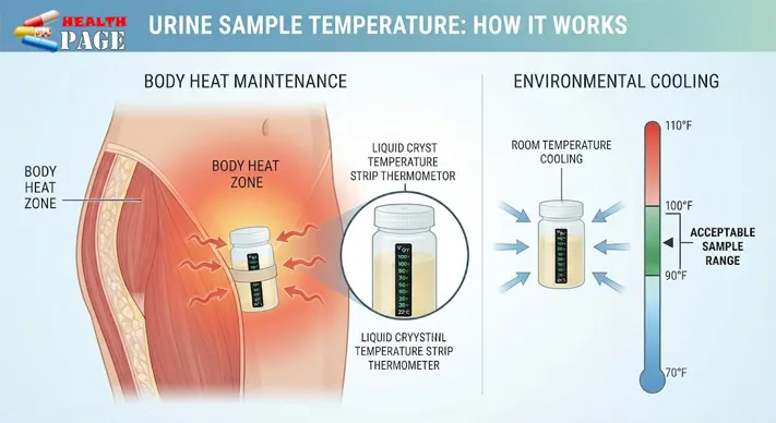 Infographic showing urine sample temperature range and cooling factors