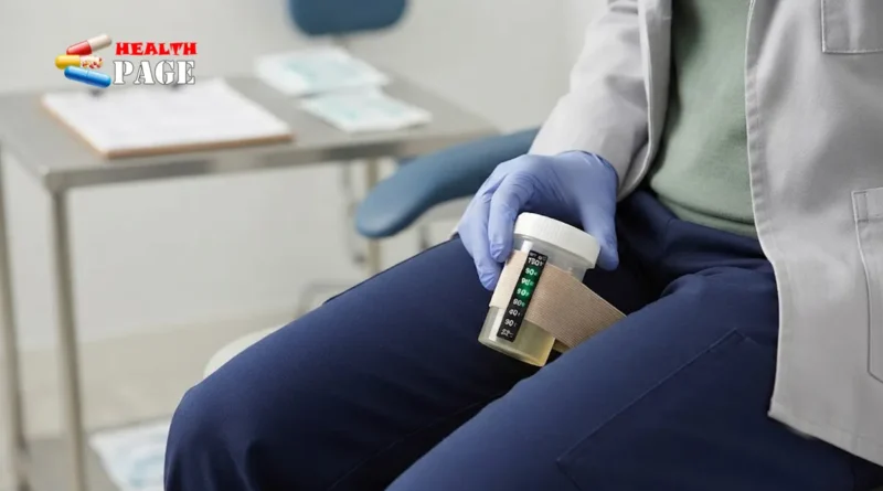 Sealed urine sample bottle with temperature strip placed discreetly under clothing to illustrate specimen temperature maintenance