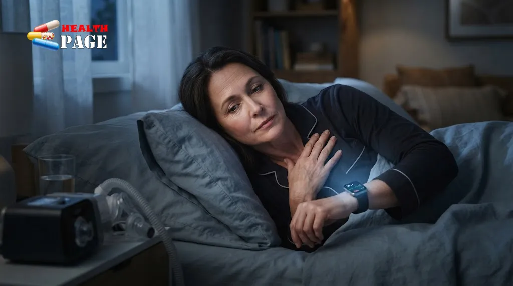 Adult lying awake in bed checking heart rate at night in a bedroom setting