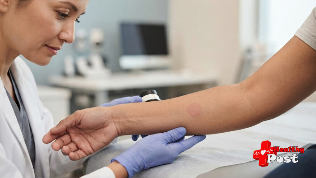 Dermatologist examining a non-itchy round red patch on a patient’s skin