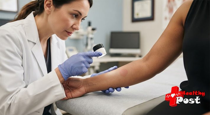 Dermatologist examining a faint non-itchy circular red patch on forearm