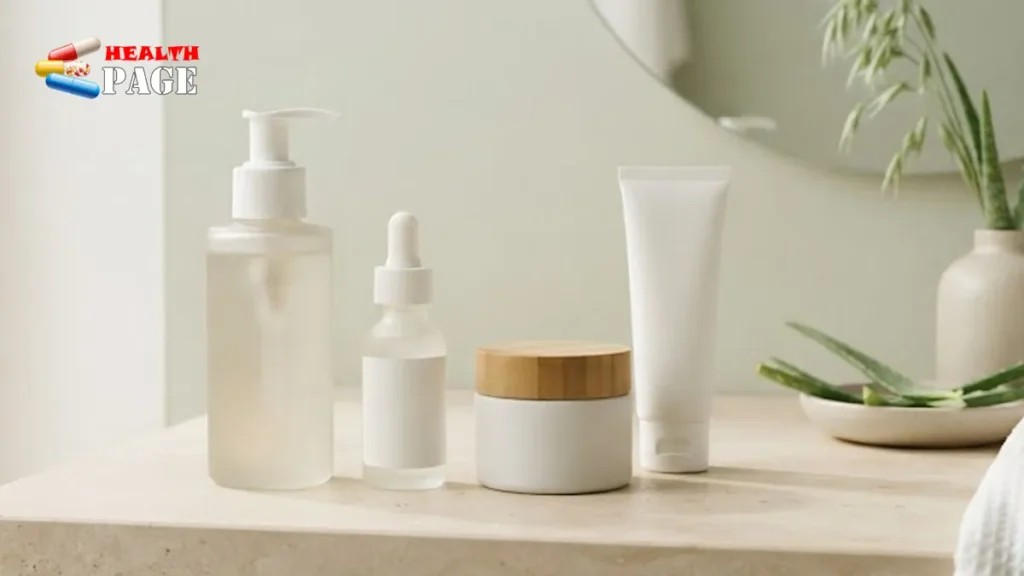 Minimal sensitive skin skincare routine with gentle cleanser, serum, moisturizer, and mineral sunscreen on a clean bathroom vanity