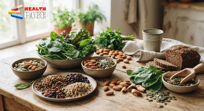 Magnesium-rich foods including leafy greens, nuts, seeds, beans and whole grains